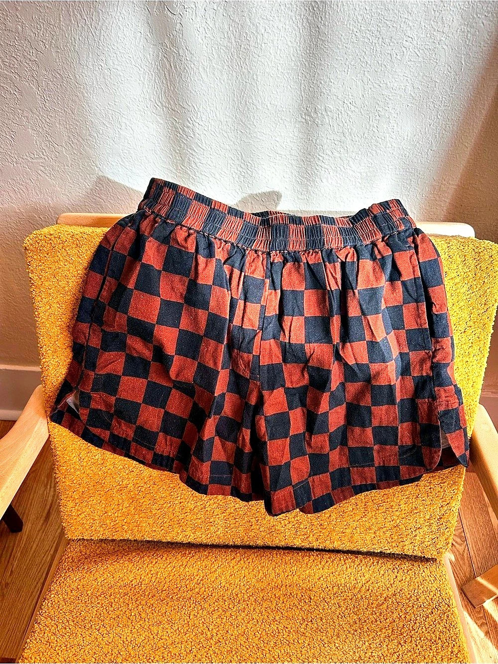 DUSHYANT Checkered High Waist Shorts in Black & Orange Size XS